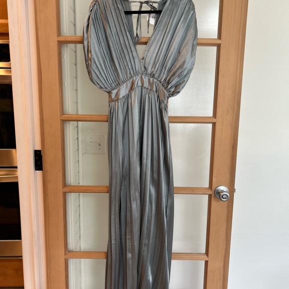 Brand New With Tags Pleated Satin Sage Green/Grey Maxi Dress - Picture 2 of 2